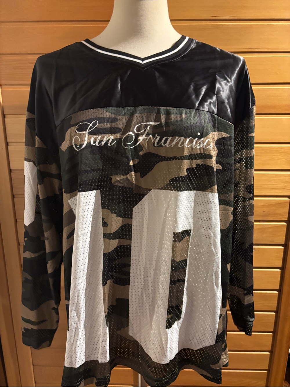 NWOT San Francisco Camo Long-Sleeve Mesh Shirt - Green/White